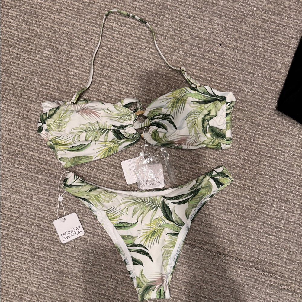 Monday Swimwear Tropical Leaf Print Bandeau Bikini in Green and Cream